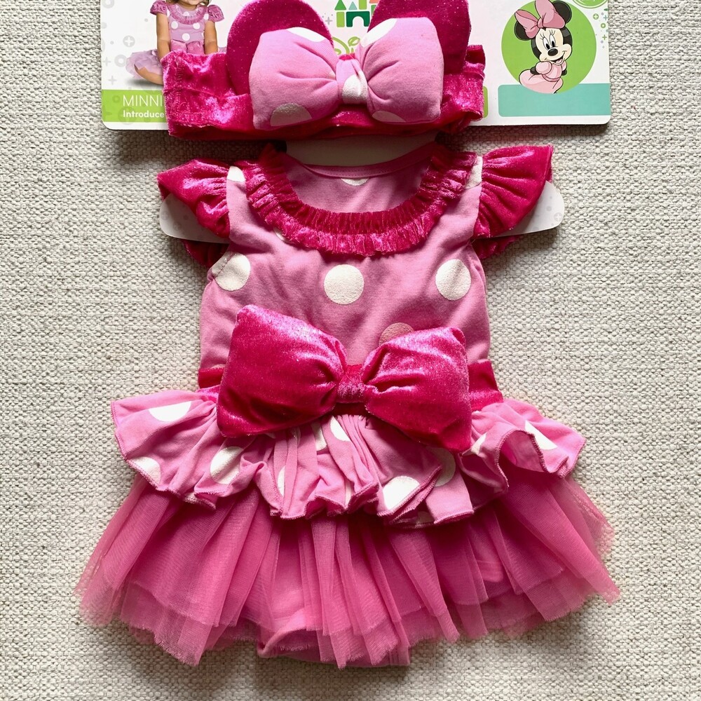 Disney Baby Dress Minnie Mouse One-Piece Costume Pink Polka Dot Mouse Ears 6-12M